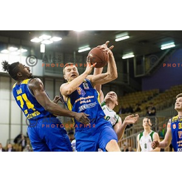 Dino Muric in action during Pokal Spar semi final basketball match between Krka and Sencur, Tivoli, Ljubljana, Slovenia on February 16, 2018