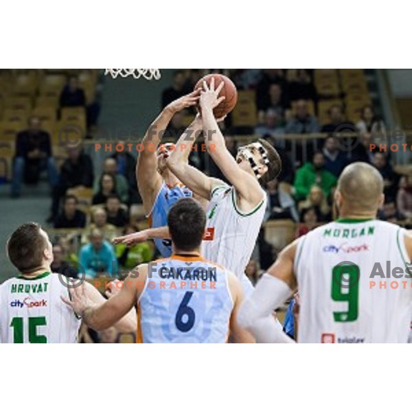 Mirko Mulalic, Roko Badzim in action during Pokal Spar semi final basketball match between Sixt Primorska and Petrol Olimpija, Tivoli, Ljubljana, Slovenia on February 16, 2018