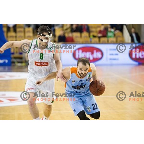 Roko Badzim, Daniel Vujasinovic in action during Pokal Spar semi final basketball match between Sixt Primorska and Petrol Olimpija, Tivoli, Ljubljana, Slovenia on February 16, 2018