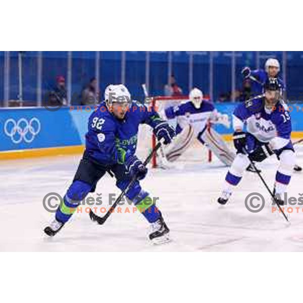 Anze Kuralt in action at Olympic ice hockey tournament match between Slovakia and Slovenia during PyeongChang 2018 Winter Olympic Games, South Korea on February 17, 2018