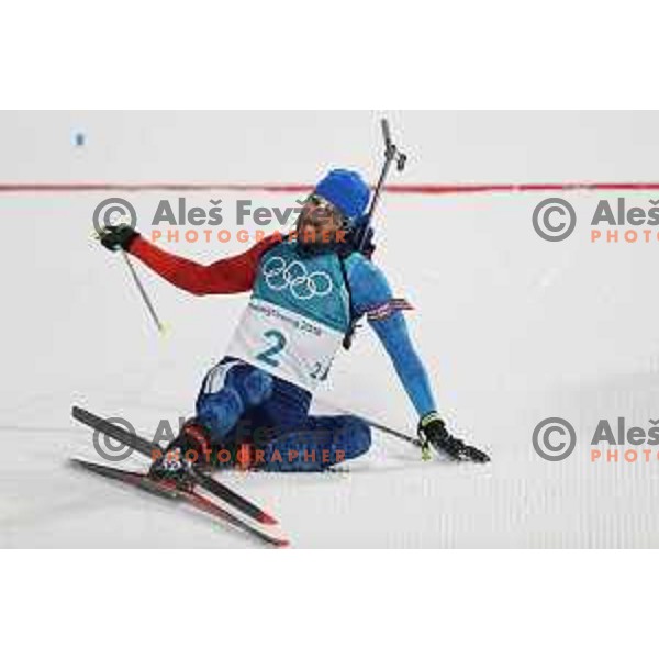 Martin Fourcade (FRA), Olympic champion in Men\'s Biathlon 15 km Mass start at Alpensia Biathlon Centre during PyeongChang 2018 Winter Olympic Games, South Korea on February 18, 2018