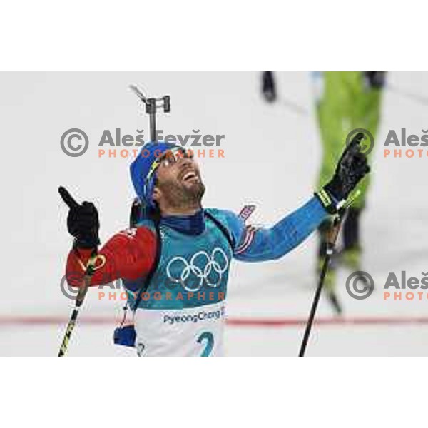 Martin Fourcade (FRA), Olympic champion in Men\'s Biathlon 15 km Mass start at Alpensia Biathlon Centre during PyeongChang 2018 Winter Olympic Games, South Korea on February 18, 2018
