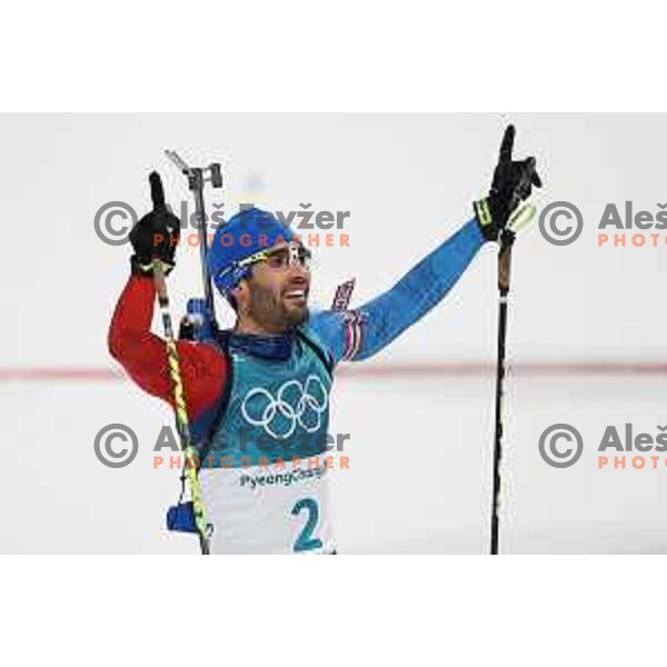 Martin Fourcade (FRA), Olympic champion in Men\'s Biathlon 15 km Mass start at Alpensia Biathlon Centre during PyeongChang 2018 Winter Olympic Games, South Korea on February 18, 2018