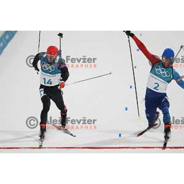 Martin Fourcade (FRA), Olympic champion in Men\'s Biathlon 15 km Mass start at Alpensia Biathlon Centre during PyeongChang 2018 Winter Olympic Games, South Korea on February 18, 2018
