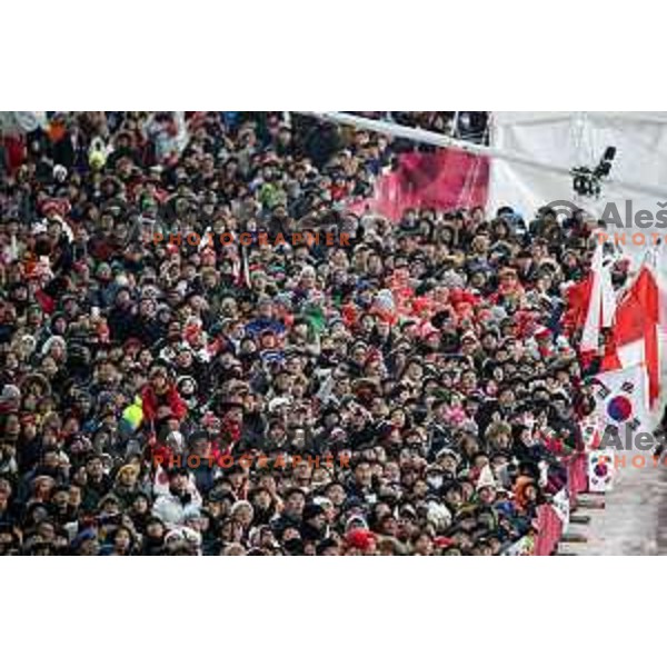 Fans at Ski jumping team competition on Large hill during PyeongChang 2018 Winter Olympic Games, South Korea on February 19, 2018
