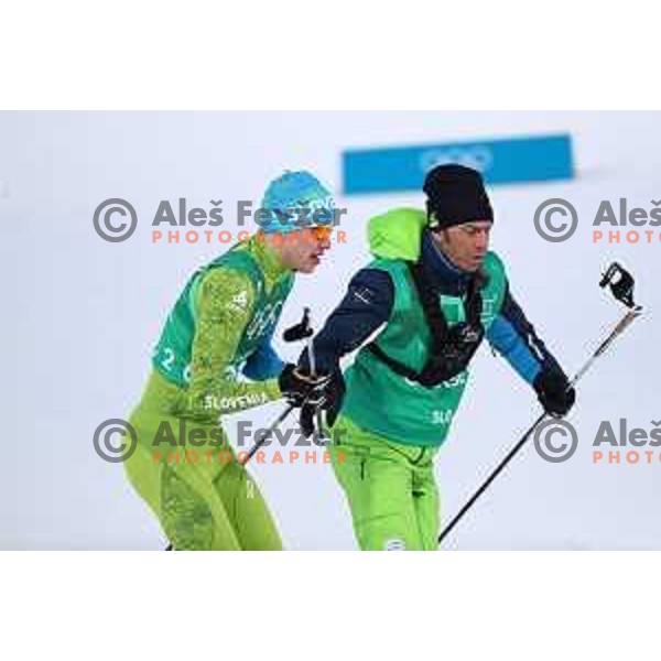 Janez Lampic and coach Stefano Sarraco at Cross Country Men\'s Team Sprint Free during PyeongChang 2018 Winter Olympic Games, South Korea on February 21, 2018