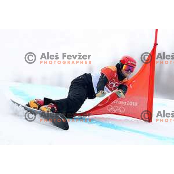 Zan Kosir (SLO) racing in Qualifiaction of Snowboard Men\'s Parallel Giant Slalom at Phoenix Snow park during PyeongChang 2018 Winter Olympic Games, South Korea on February 24, 2018