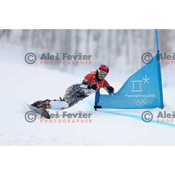 Ester Ledecka (CZE) races in Qualifiaction of Snowboard Men\'s Parallel Giant Slalom at Phoenix Snow park during PyeongChang 2018 Winter Olympic Games, South Korea on February 24, 2018