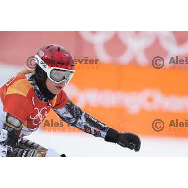 Ester Ledecka (CZE) races in Qualifiaction of Snowboard Men\'s Parallel Giant Slalom at Phoenix Snow park during PyeongChang 2018 Winter Olympic Games, South Korea on February 24, 2018
