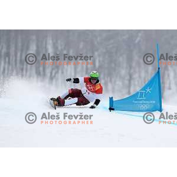 Rok Marguc (SLO) racing in Qualifiaction of Snowboard Men\'s Parallel Giant Slalom at Phoenix Snow park during PyeongChang 2018 Winter Olympic Games, South Korea on February 24, 2018