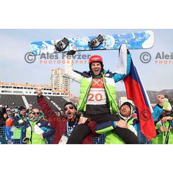 Zan Kosir (SLO) , Olympic bronze medalist of Snowboard Men\'s Parallel Giant Slalom at Phoenix Snow park during PyeongChang 2018 Winter Olympic Games, South Korea on February 24, 2018
