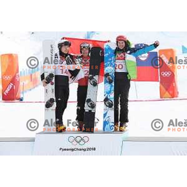 Nevin Galmarini (SUI), Olympic Champion and Zan Kosir (SLO) , Olympic bronze medalist of Snowboard Men\'s Parallel Giant Slalom at Phoenix Snow park during PyeongChang 2018 Winter Olympic Games, South Korea on February 24, 2018
