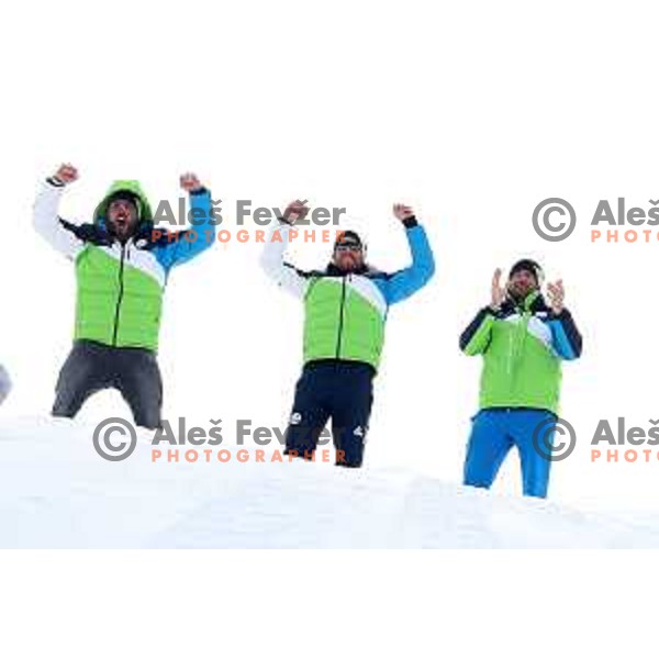 Filip Flisar and Klemen Bauer cheering at Snowboard Men\'s Parallel Giant Slalom at PyeongChang 2018 Winter Olympic Games, South Korea on February 24, 2018