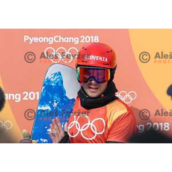 Zan Kosir (SLO) , Olympic bronze medalist of Snowboard Men\'s Parallel Giant Slalom at Phoenix Snow park during PyeongChang 2018 Winter Olympic Games, South Korea on February 24, 2018