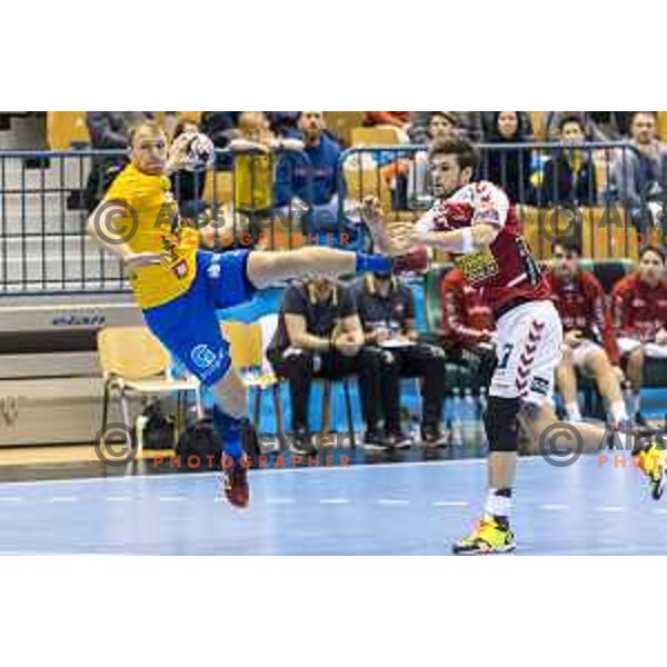 Celje’s Ziga Mlakar (55) in action during EHF Champions League match between Celje PL and Aalborg, in Arena Zlatorog, Celje, on February 24, 2018