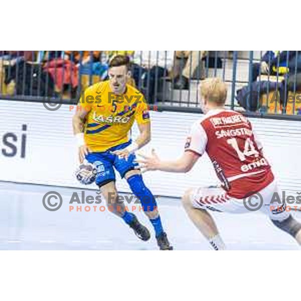 Celje’s Jaka Malus (5) in action during EHF Champions League match between Celje PL and Aalborg, in Arena Zlatorog, Celje, on February 24, 2018