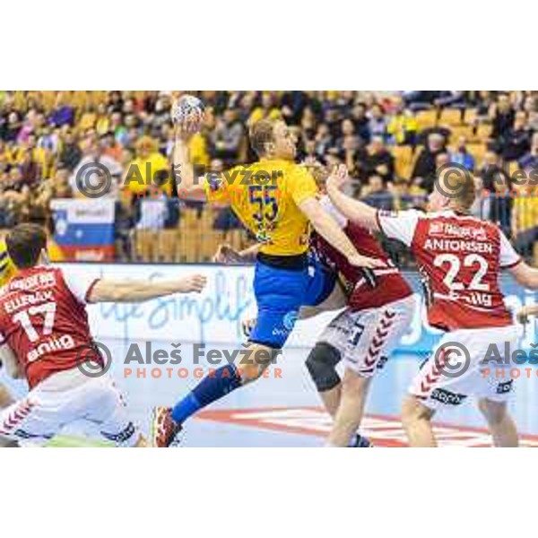 Celje’s Ziga Mlakar (55) in action during EHF Champions League match between Celje PL and Aalborg, in Arena Zlatorog, Celje, on February 24, 2018