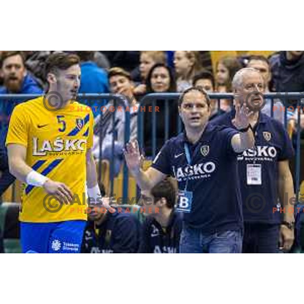 Celje’s head coach Branko Tamse reacting during EHF Champions League match between Celje PL and Aalborg, in Arena Zlatorog, Celje, on February 24, 2018