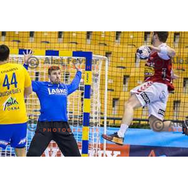 Celje’s Urban Lesjak (1) in action during EHF Champions League match between Celje PL and Aalborg, in Arena Zlatorog, Celje, on February 24, 2018