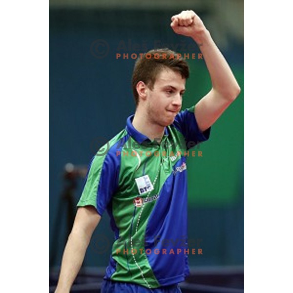 Deni Kozul (SLO) in action during table tennis match between Slovenia and Belgium at Otocec Sports Centre, Slovenia on February 27, 2018
