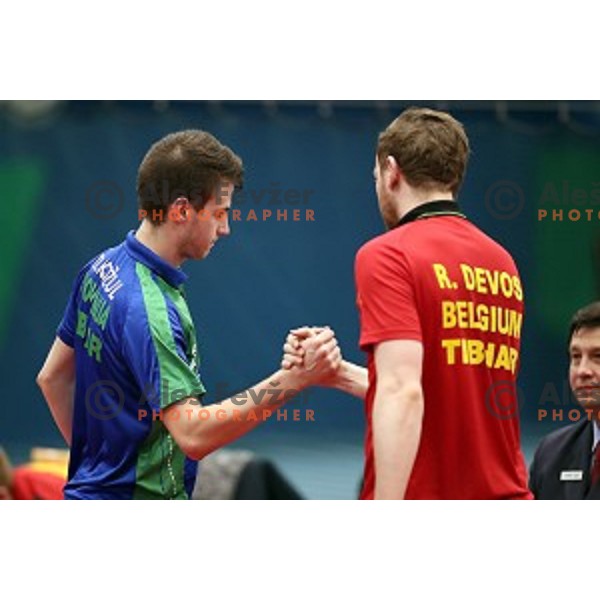Deni Kozul (SLO)and Robin Devos (BEL) after table tennis match between Slovenia and Belgium at Otocec Sports Centre, Slovenia on February 27, 2018