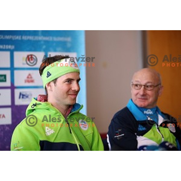 Zan Kosir, Olympic bronze medalist in Snowboard Parallel Giant Slalom from PyeongChang 2018 Winter Olympic games during press confefrence at Joze Pucnik Airport, Ljubljana, Slovenia on February 26, 2018