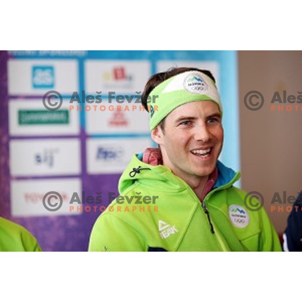 Zan Kosir, Olympic bronze medalist in Snowboard Parallel Giant Slalom from PyeongChang 2018 Winter Olympic games during press confefrence at Joze Pucnik Airport, Ljubljana, Slovenia on February 26, 2018