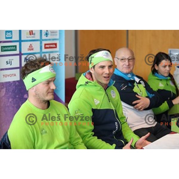 Zan Kosir, Olympic bronze medalist in Snowboard Parallel Giant Slalom from PyeongChang 2018 Winter Olympic games during press confefrence at Joze Pucnik Airport, Ljubljana, Slovenia on February 26, 2018