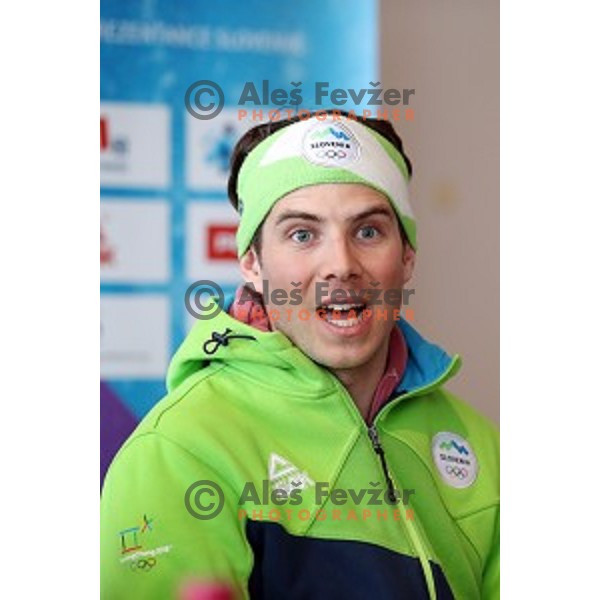 Zan Kosir, Olympic bronze medalist in Snowboard Parallel Giant Slalom from PyeongChang 2018 Winter Olympic games during press confefrence at Joze Pucnik Airport, Ljubljana, Slovenia on February 26, 2018