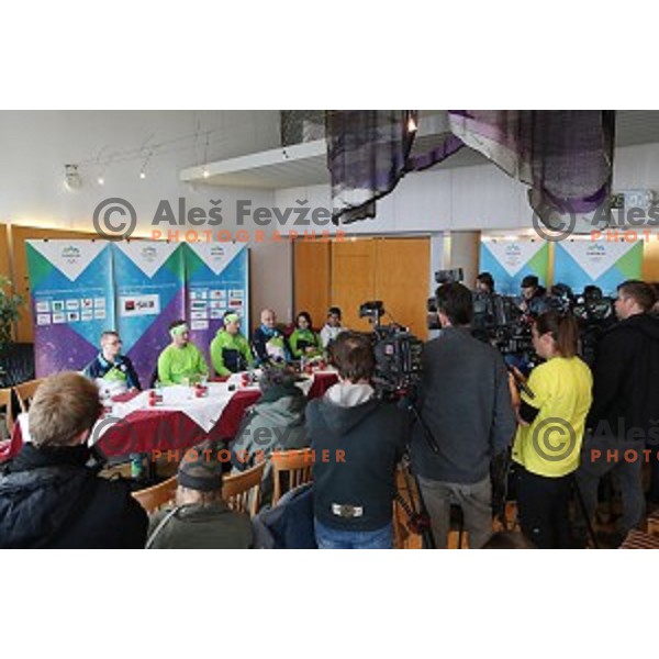 Zan Kosir, Olympic bronze medalist in Snowboard Parallel Giant Slalom from PyeongChang 2018 Winter Olympic games during press confefrence at Joze Pucnik Airport, Ljubljana, Slovenia on February 26, 2018