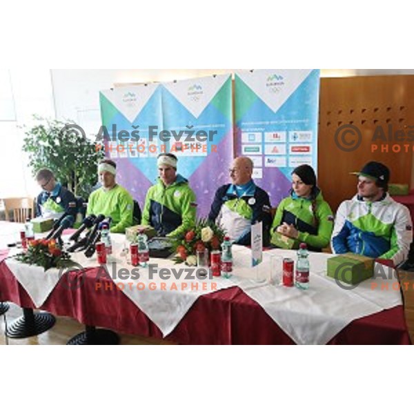 Zan Kosir, Olympic bronze medalist in Snowboard Parallel Giant Slalom from PyeongChang 2018 Winter Olympic games during press confefrence at Joze Pucnik Airport, Ljubljana, Slovenia on February 26, 2018