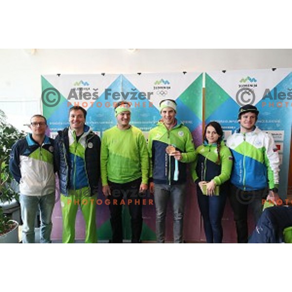 Anze Polenec, Rok Marguc, Jernej Demsar, Zan Kosir, Olympic bronze medalist in Snowboard Parallel Giant Slalom from PyeongChang 2018 Winter Olympic games, Gloria Kotnik and Tim Mastnak during press confefrence at Joze Pucnik Airport, Ljubljana, Slovenia on February 26, 2018