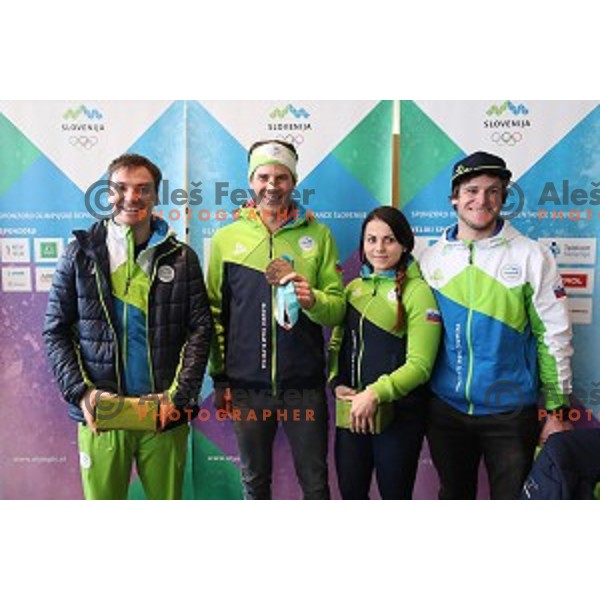 Rok Marguc, Zan Kosir, Olympic bronze medalist in Snowboard Parallel Giant Slalom from PyeongChang 2018 Winter Olympic games, Gloria Kotnik and Tim Mastnak during press confefrence at Joze Pucnik Airport, Ljubljana, Slovenia on February 26, 2018