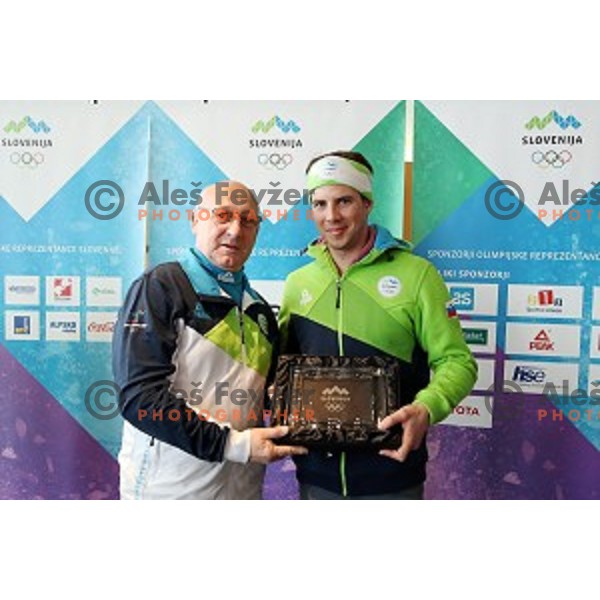 Bogdan Gabrovec and Zan Kosir, Olympic bronze medalist in Snowboard Parallel Giant Slalom from PyeongChang 2018 Winter Olympic games during press confefrence at Joze Pucnik Airport, Ljubljana, Slovenia on February 26, 2018