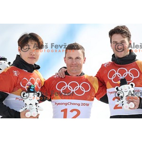 Nevin Galmarini (SUI), Olympic Champion and Zan Kosir (SLO) , Olympic bronze medalist of Snowboard Men\'s Parallel Giant Slalom at Phoenix Snow park during PyeongChang 2018 Winter Olympic Games, South Korea on February 24, 2018