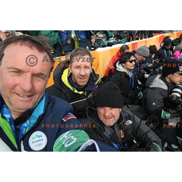 Ales Fevzer, Stanko Gruden and Matej Druznik at Snowboard Men\'s Parallel Giant Slalom at Phoenix Snow park during PyeongChang 2018 Winter Olympic Games, South Korea on February 24, 2018