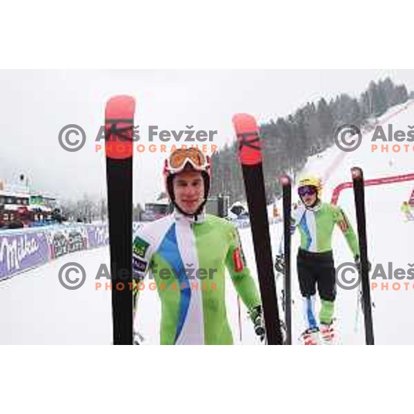 Zan Kranjec (SLO), Stefan Hadalin during course training at Vitranc slope before AUDI FIS World Cup races in Kranjska gora, Slovenia on March 2, 2018