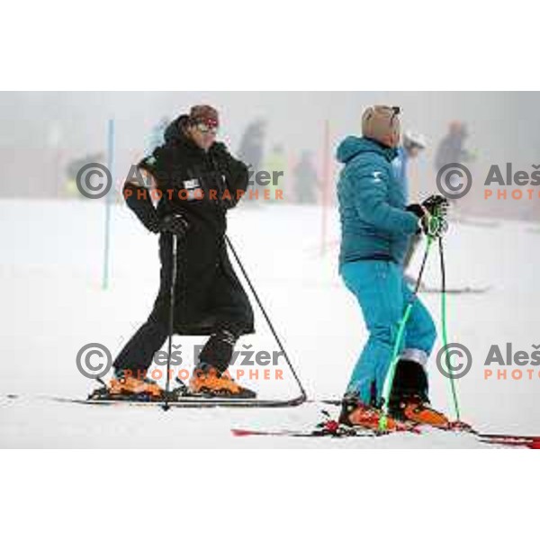 Andrea Massi and Ferdinand Hirscher at Course inspection before AUDI FIS World Cup Slalom for 57. Vitranc Cup in Kranjska gora, Slovenia on March 4, 2018
