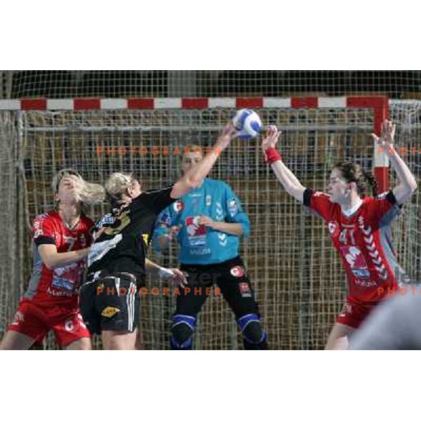 Vergeljuk and Oven in defense at handball game Krim Mercator-Sevehof in EHF Champions league, played in Ljubljana 5.01.2008. Photo by Ales Fevzer 