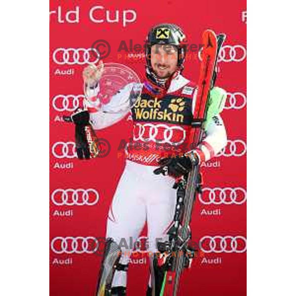 Marcel Hirscher (AUT), winner of AUDI FIS World Cup Slalom for 57. Vitranc Cup in Kranjska gora, Slovenia on March 4, 2018 and Overall SKI World Cup winner of season 2017/2018