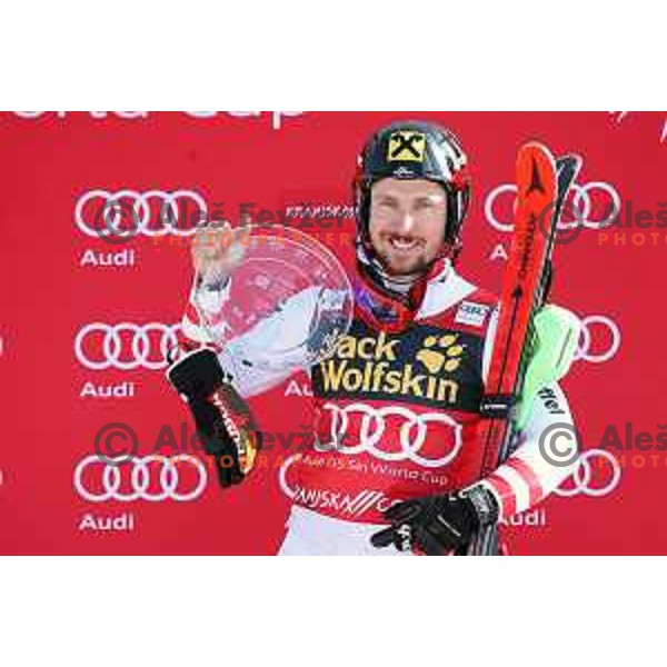 Marcel Hirscher (AUT), winner of AUDI FIS World Cup Slalom for 57. Vitranc Cup in Kranjska gora, Slovenia on March 4, 2018 and Overall SKI World Cup winner of season 2017/2018