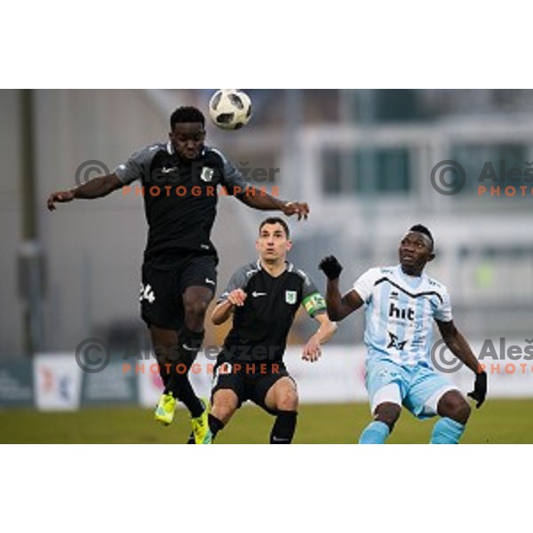Mitch Apau, Branko Ilic, Donatus Edafe in action during Prva liga Telekom Slovenije football match between Gorica and Olimpija, Nova Gorica, Slovenia on March 04, 2018