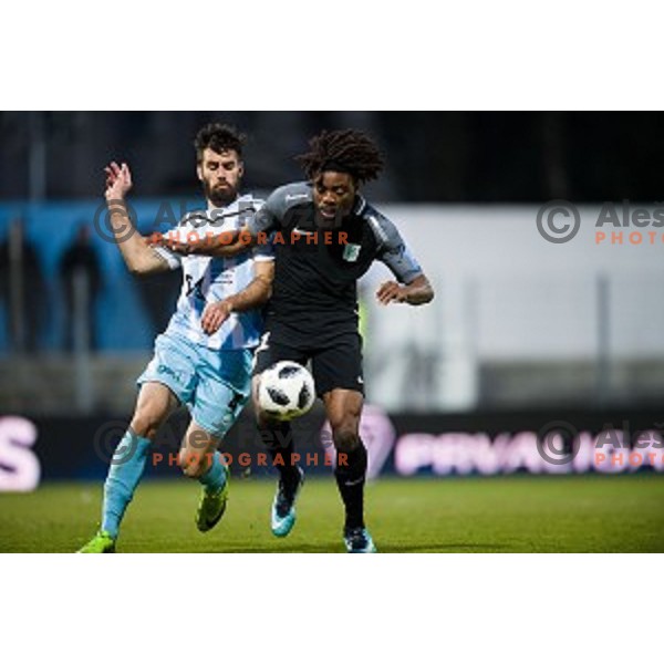 Matija Skarabot, Nathan Oduwa in action during Prva liga Telekom Slovenije football match between Gorica and Olimpija, Nova Gorica, Slovenia on March 04, 2018