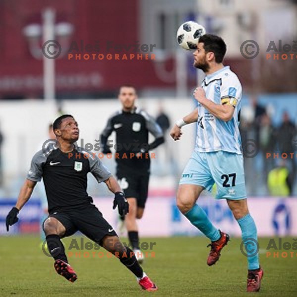 Issah Abass, Alen Jogan in action during Prva liga Telekom Slovenije football match between Gorica and Olimpija, Nova Gorica, Slovenia on March 04, 2018