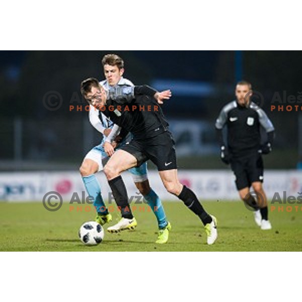 Tilen Nagode, Dino Stiglec in action during Prva liga Telekom Slovenije football match between Gorica and Olimpija, Nova Gorica, Slovenia on March 04, 2018