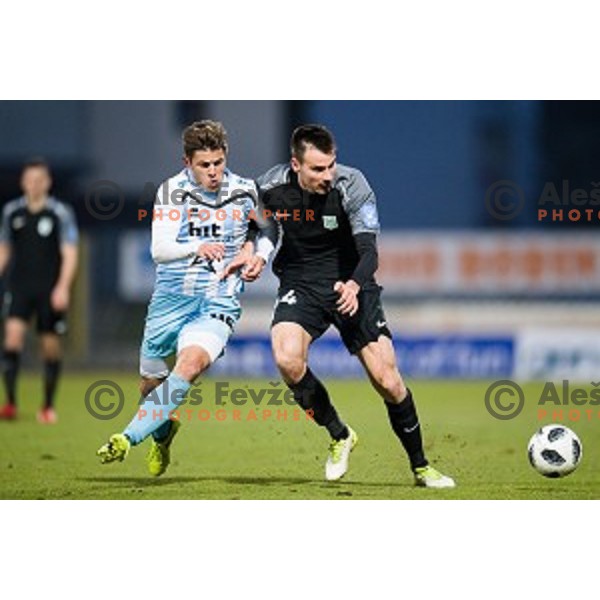 Tilen Nagode, Dino Stiglec in action during Prva liga Telekom Slovenije football match between Gorica and Olimpija, Nova Gorica, Slovenia on March 04, 2018