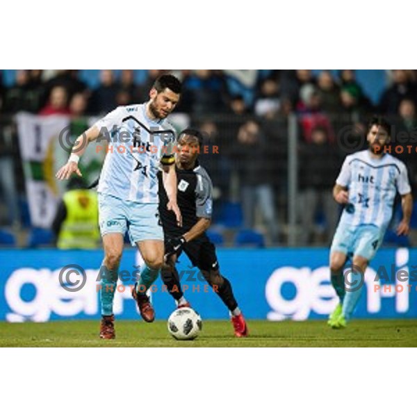 Alen Jogan, Issah Abass in action during Prva liga Telekom Slovenije football match between Gorica and Olimpija, Nova Gorica, Slovenia on March 04, 2018