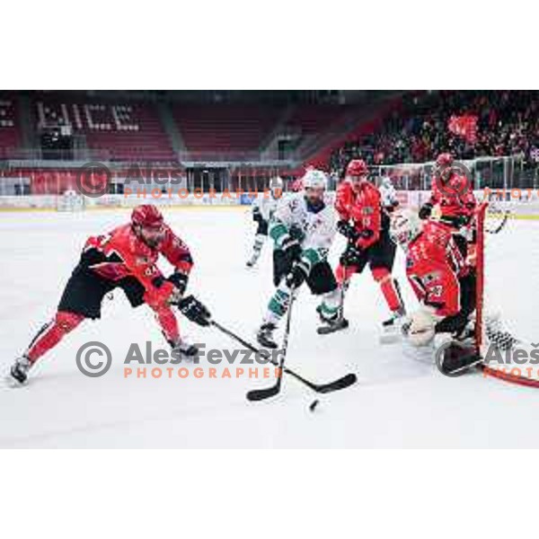 action during quarter-final of Alps League ice-hockey match between SIJ Acroni Jesenice and SZ Olimpija in Podmezakla Hall, Jesenice, Slovenia on March 6, 2018