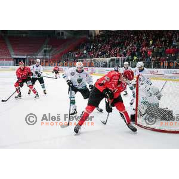 action during quarter-final of Alps League ice-hockey match between SIJ Acroni Jesenice and SZ Olimpija in Podmezakla Hall, Jesenice, Slovenia on March 6, 2018