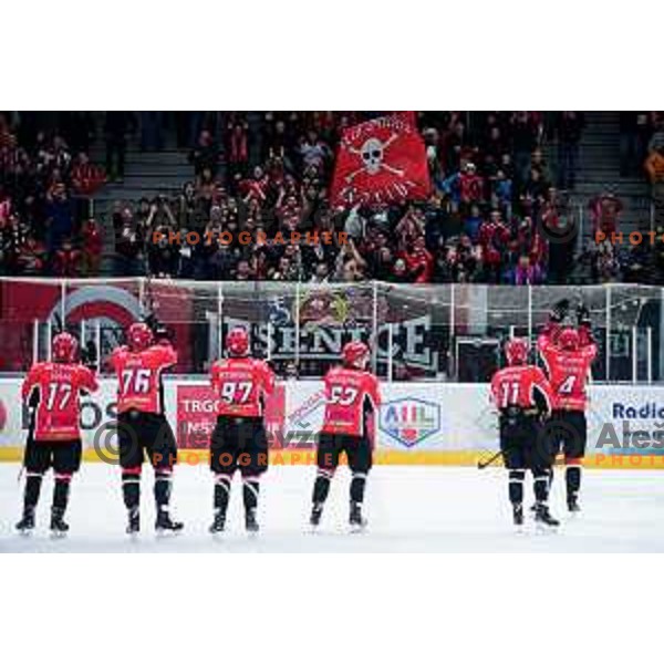 action during quarter-final of Alps League ice-hockey match between SIJ Acroni Jesenice and SZ Olimpija in Podmezakla Hall, Jesenice, Slovenia on March 6, 2018